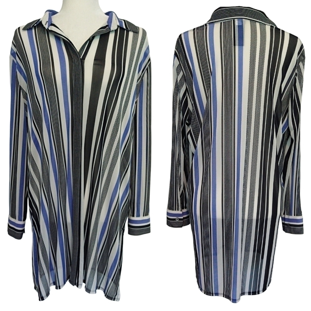 Chico's Travelers Black White Blue Striped Mesh Button-Up Shirt Tunic Longline